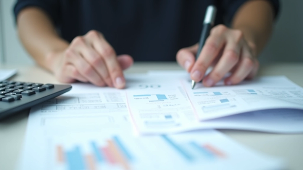 Kontoauszüge und Finanzberichte auf dem Schreibtisch mit Taschenrechner für Sparplanung