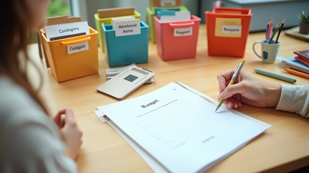 Farbige Budgetkategorien sortiert in verschiedenen Behältern, visuelles Budgetmanagement