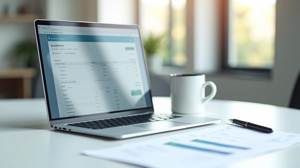 Laptop zeigt Online-Banking-Interface mit verschiedenen Konten, auf dem Schreibtisch liegt ein Kontoauszug, minimalistisches Design, helles Bürolicht