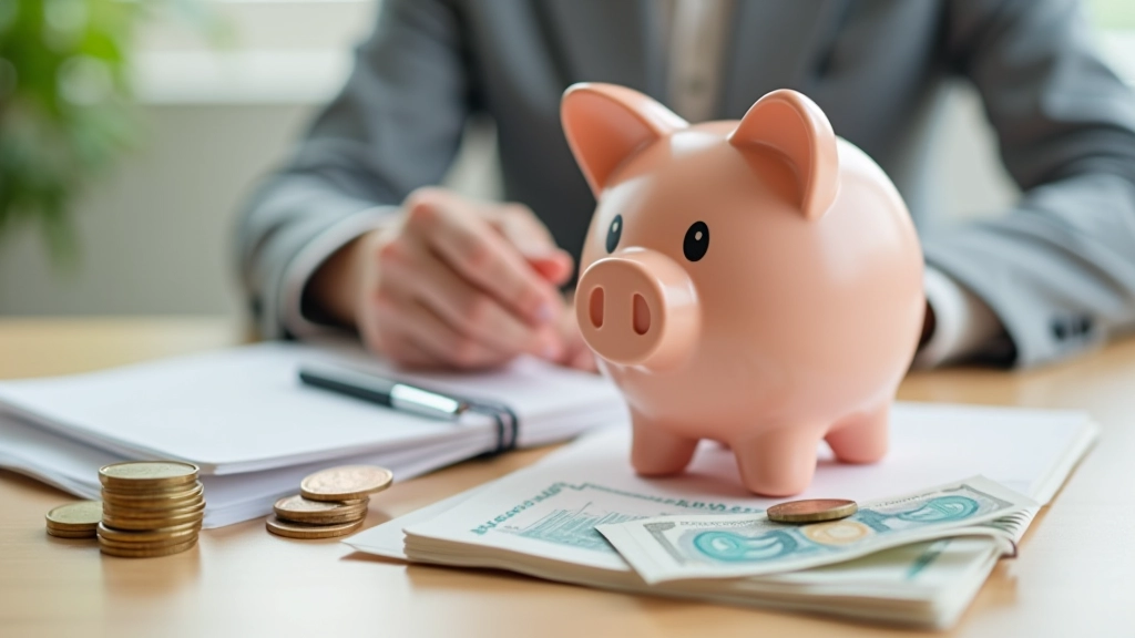 Sparschwein mit Münzen und Scheine, Finanzplaner im Hintergrund, helles Bürolicht