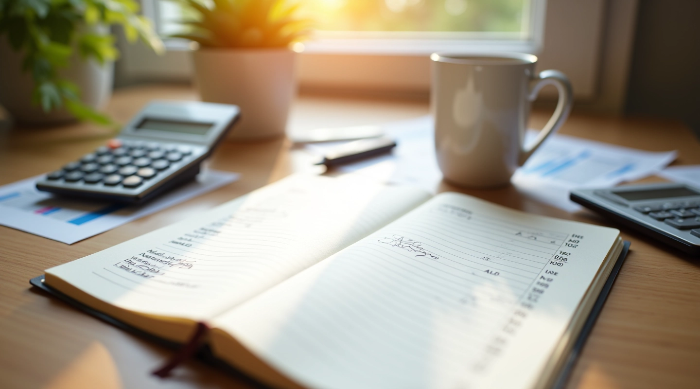Schreibtisch mit Notizbuch, Stift und Kaffee für Budgetplanung