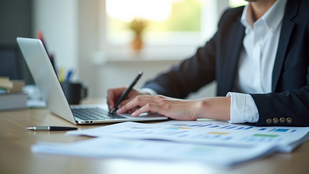 Person arbeitet am Laptop mit offenen Finanzunterlagen